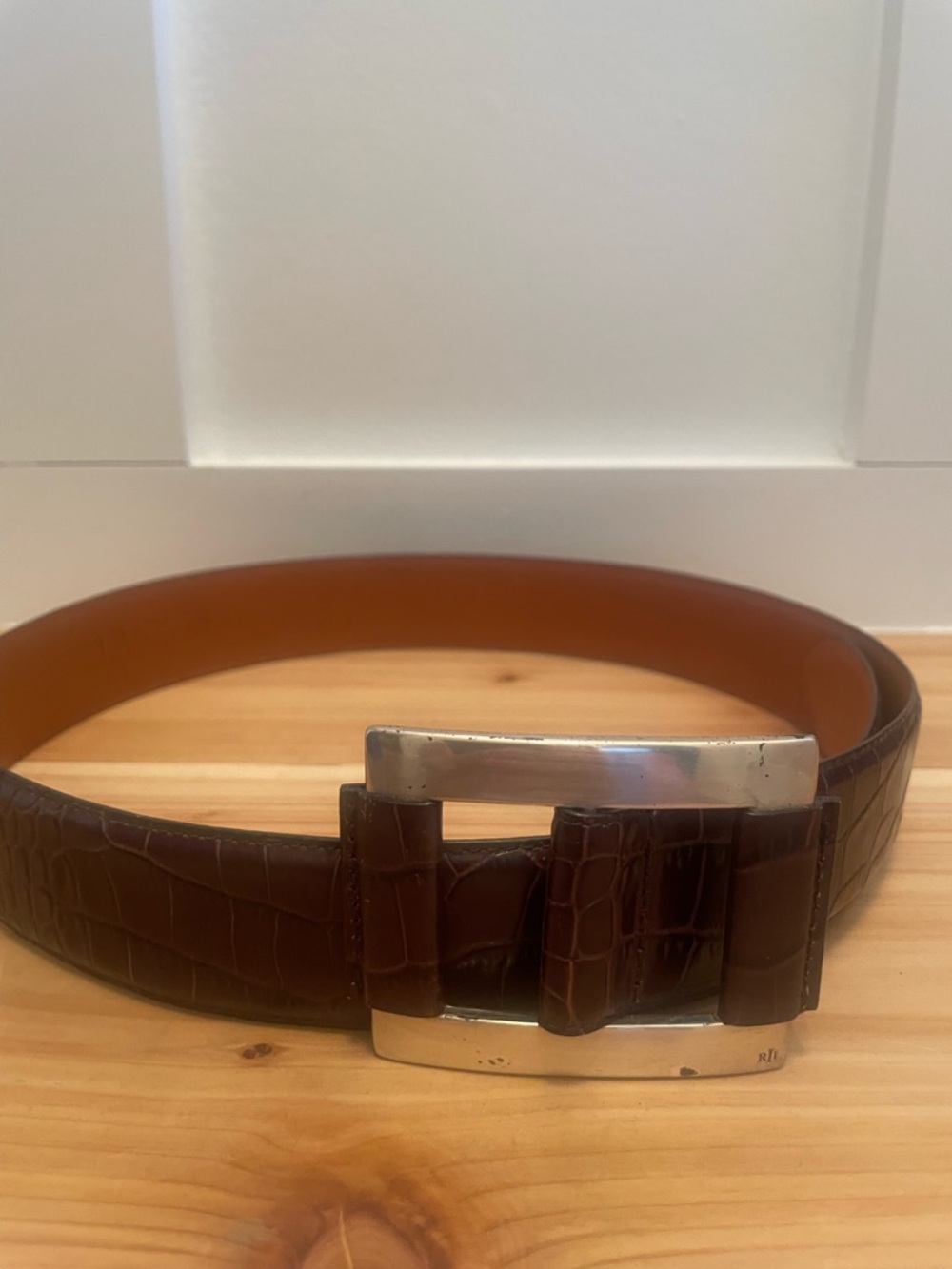 Lauren Ralph Lauren Brown Croc-Embossed Leather Belt with Silver Buckle